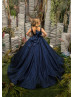 Navy Blue Glitter Tulle Floor Length Flower Girl Dress